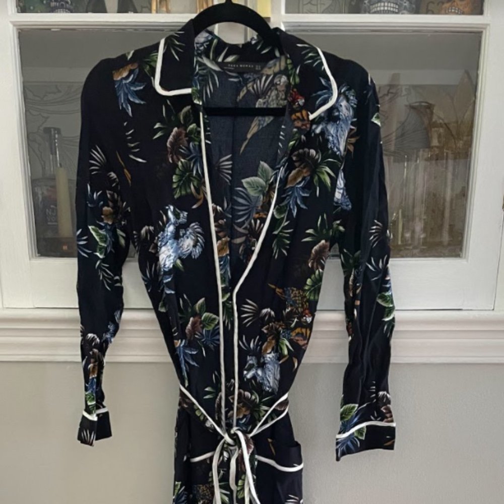 Zara long sleeve belted jumpsuit tropical print sz m